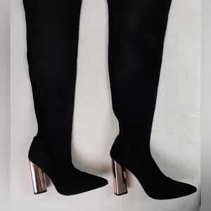 NIB Charlotte Russe Vienna Black Suede Over The Knee Boot W Gold Block Heel